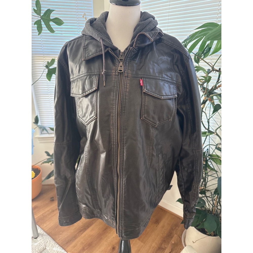 Levi's Mens Faux Leather Full Zip Hooded Lining Jacket Brown Large